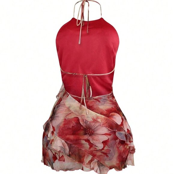 Red Women's Halter Neck Backless Strap Suspenders Hip Ruffle Mini Dress - Picture 5 of 9